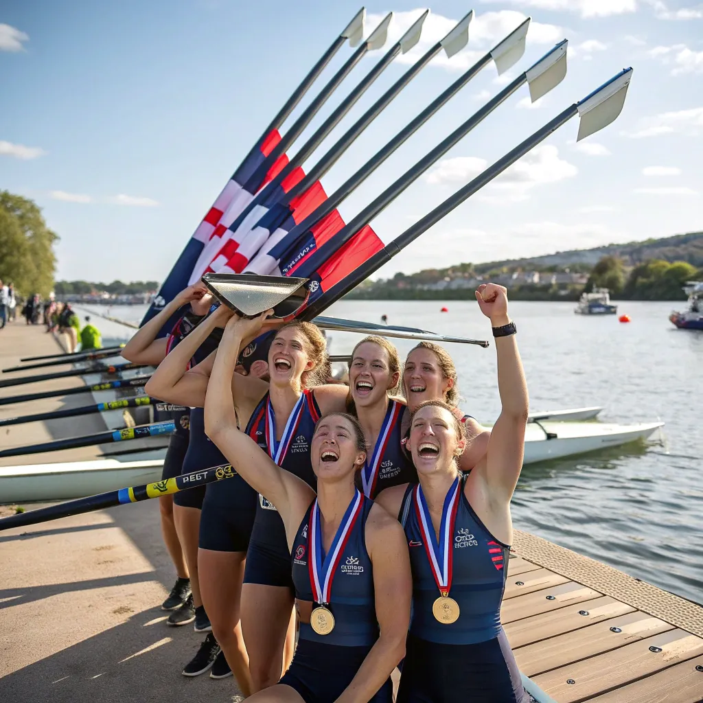 Sarah Collins with her rowing team celebrating a victory